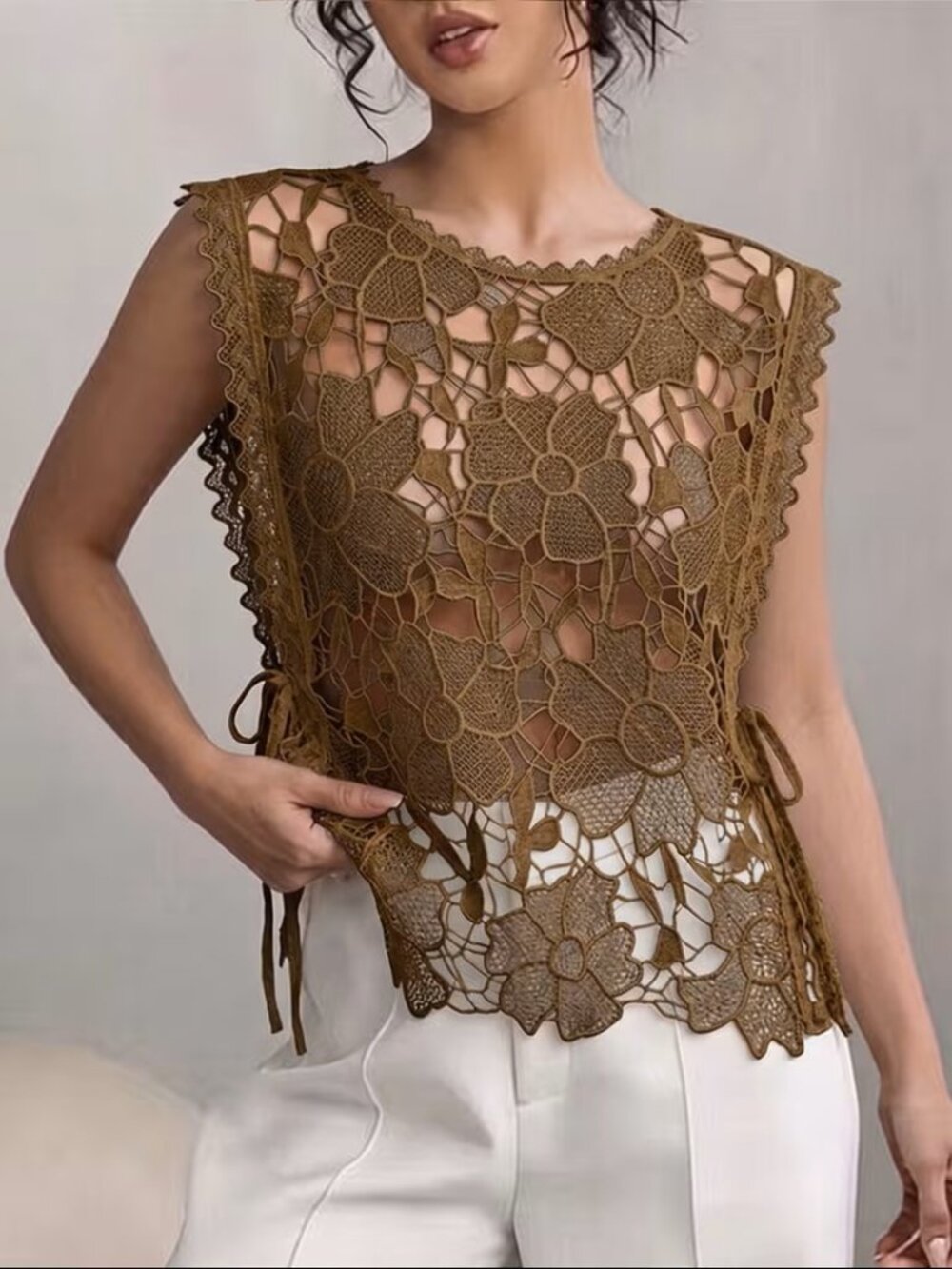 Unbranded Floral Lace Crochet Sleeveless Top Brown Side Tie Boho Tank XL NEW